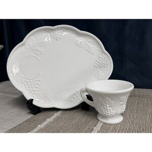 Indiana White Milk Glass Colonial Grape Harvest Snack Luncheon Cup & Plate Set